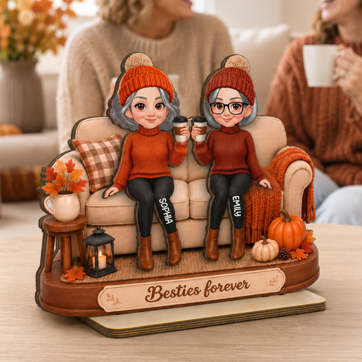 Besties Sitting On Pumpkin Spice Latte 2D Flat - Personalized Wooden Plaque - Cozy Fall Gift