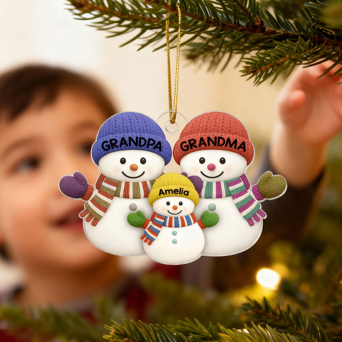 Christmas Grandma Grandpa And Grandkid Snowman Together - Personalized Acrylic Ornament