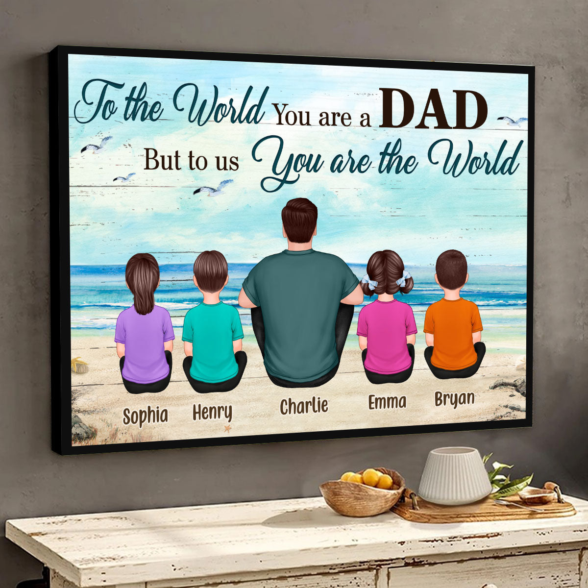 Back View Dad And Kids Dogs Cats Sitting Beach Landscape Gift For Dad Personalized Horizontal Poster