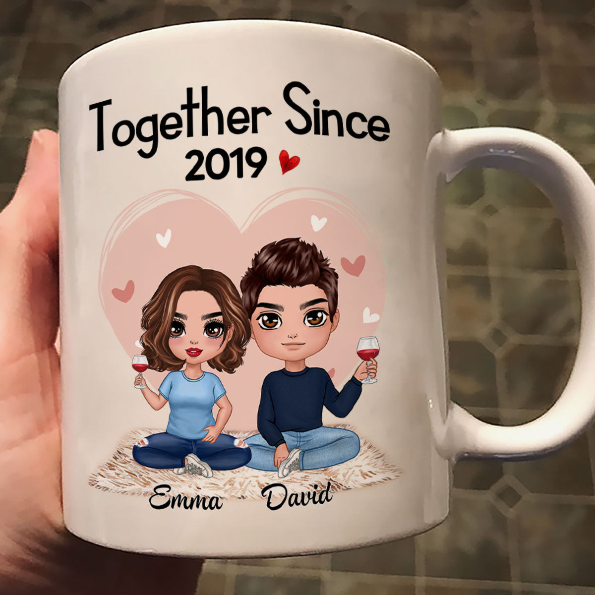Pink Heart Doll Couple Sitting Gift For Him For Her Personalized Mug