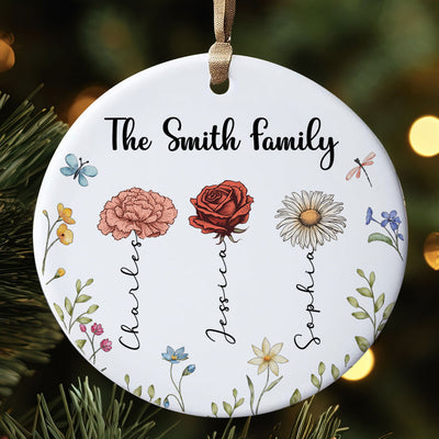 Family Birth Flower Personalized Ceramic Ornament, Christmas Gift For Family, Daughter, Son
