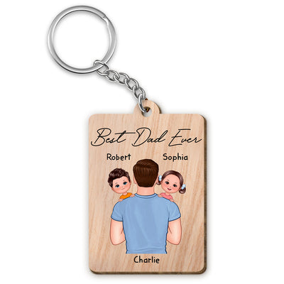 Dad Carrying Kids On Shoulder Gift For Dad Personalized Wooden Keychain