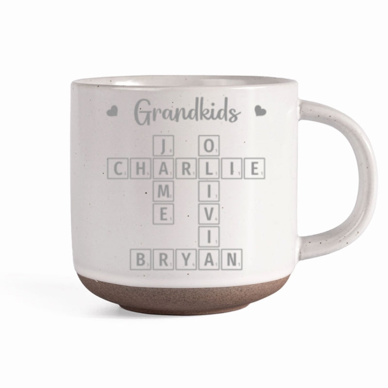 Grandkids Crossword Puzzle Art Personalized Engraved Pottery Mug, Christmas Gift For Grandma, Gift For Mom