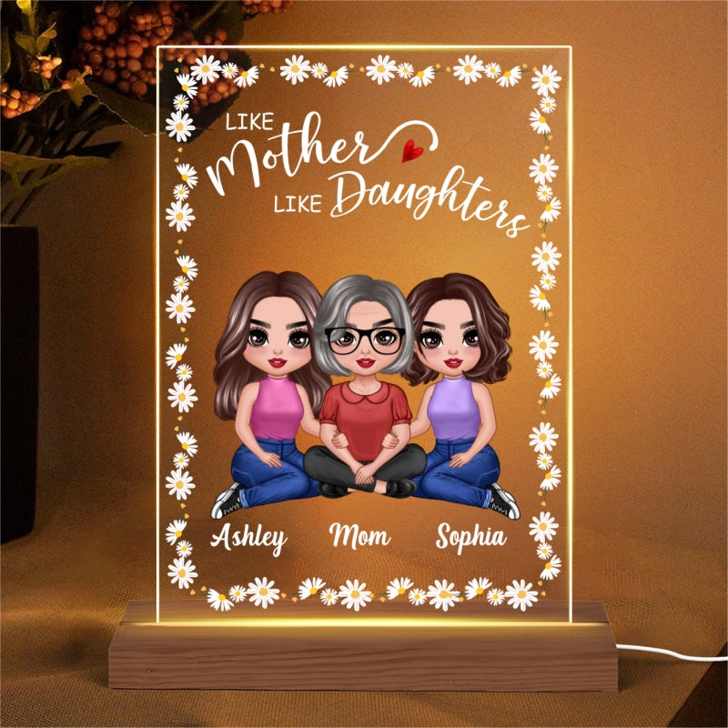 Daisy Flower Frame Embracing Doll Mom Daughters Sitting Like Mother Like Daughter Personalized Rectangle Acrylic Plaque LED Night Light