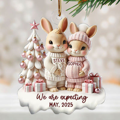 3D Effect Bunny Couple Pregnant Expecting New Baby Christmas Personalized Acrylic Ornament, Pregnancy Announcement Keepsake