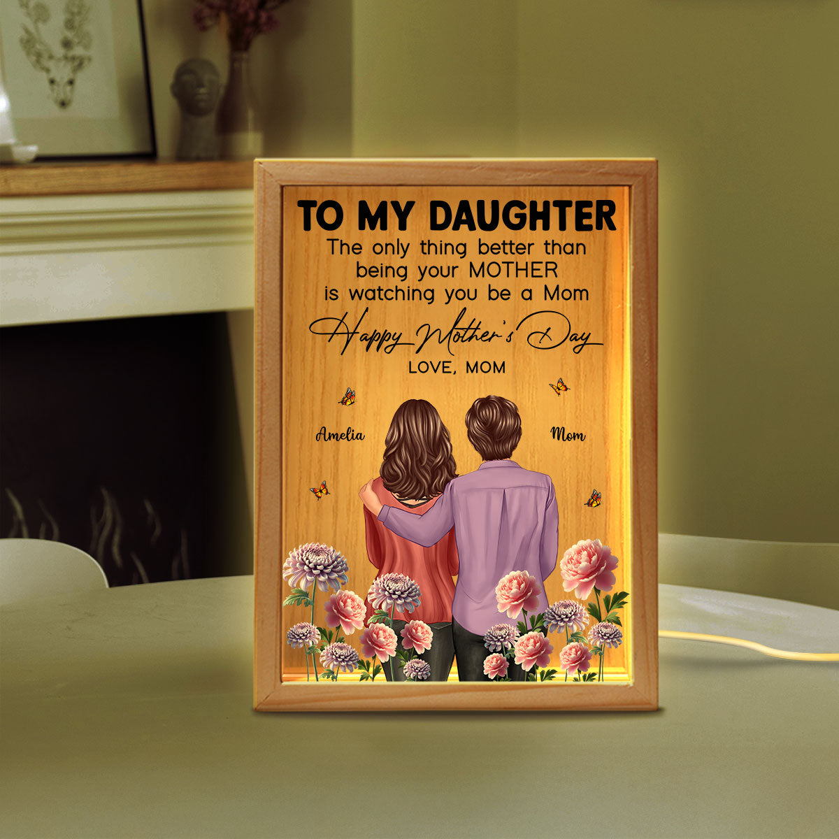 To My Daughter From Mom Happy Mother's Day Birth Flower Personalized Wooden Frame LED Light Box, Gift For Daughter