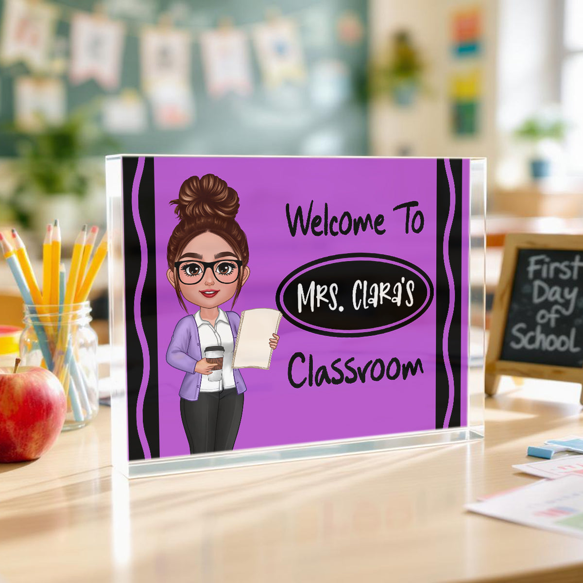 Teacher Crayon Welcome To Classroom Personalized Rectangle Acrylic Block Plaque