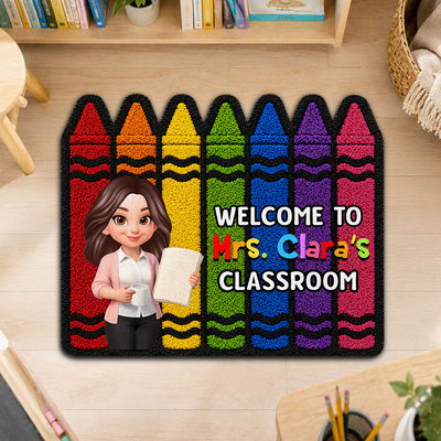 Colorful Crayons Teacher Welcome To Classroom Faux Yarn Texture - Personalized Doormat - Back To School, Classroom Decor