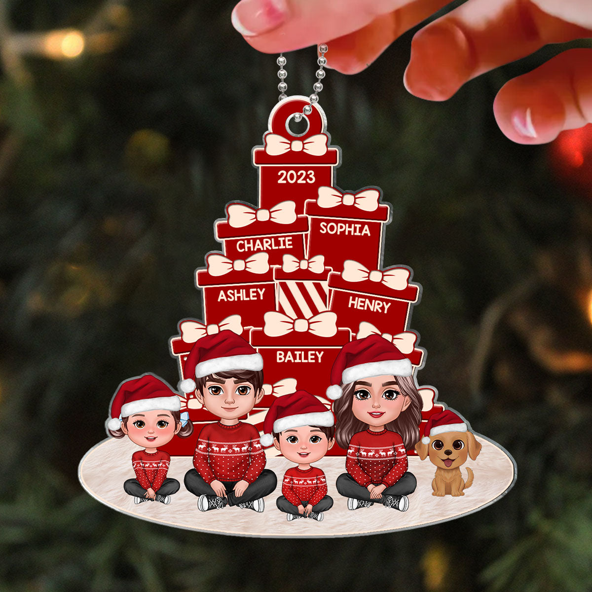 Family Dad Mom Kids Dogs Cats Crossed Legs Sitting Christmas Gift Boxes Pile Personalized Acrylic Ornament
