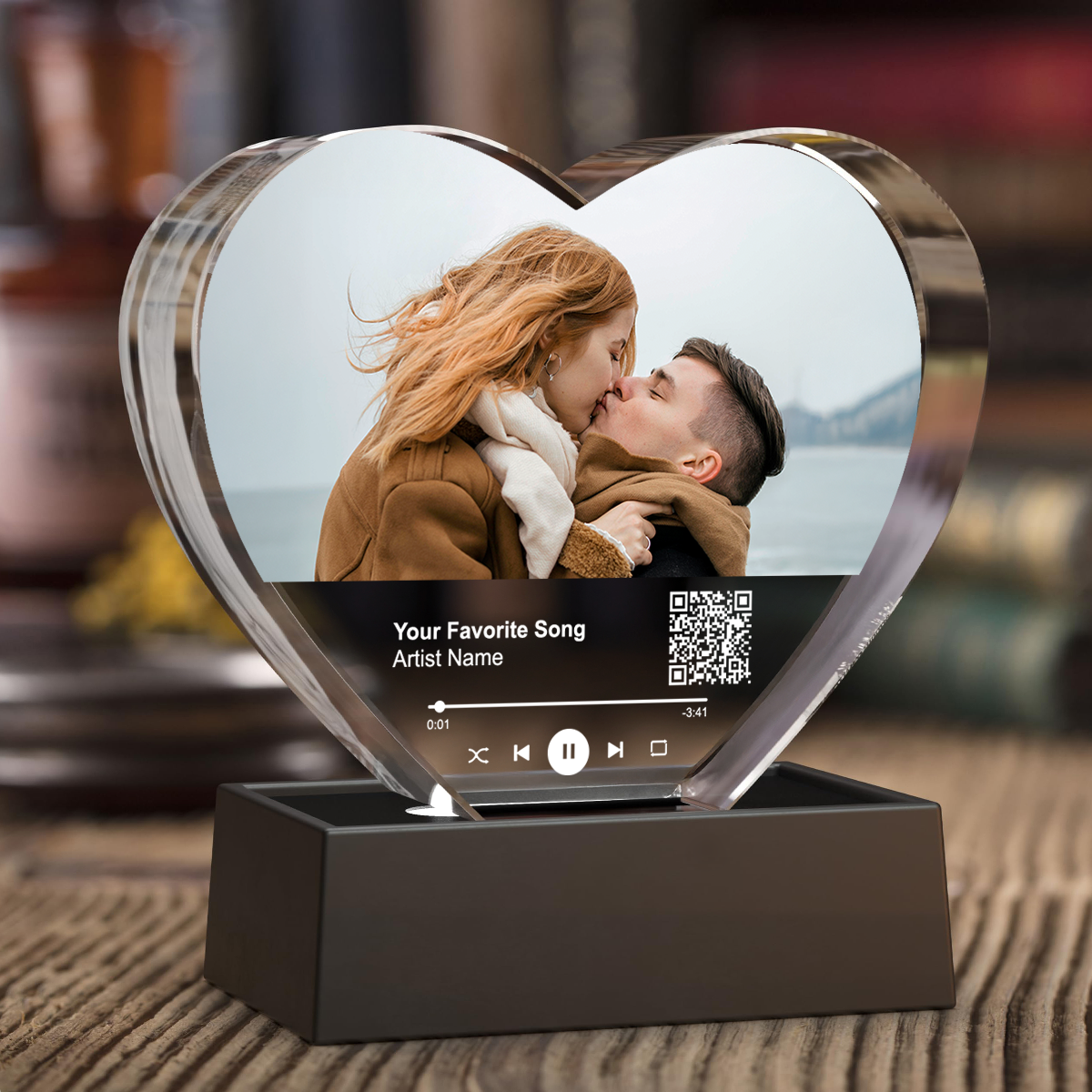 Personalized Music Photo Crystal Heart LED, Valentines Gift, Music Love Gift, Gift for Him, for Her, Free Shipping Included