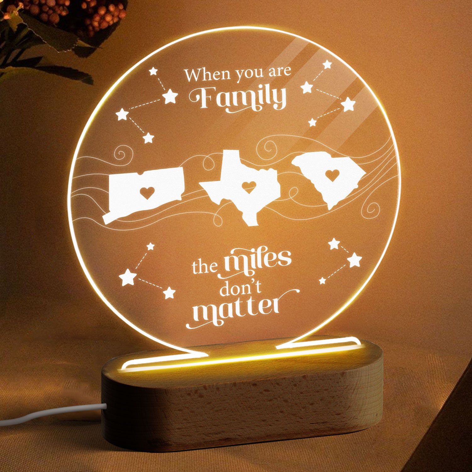 Long Distance Family Friends Siblings Sisters Besties Personalized Circle LED Night Light, Togetherness Christmas Gift