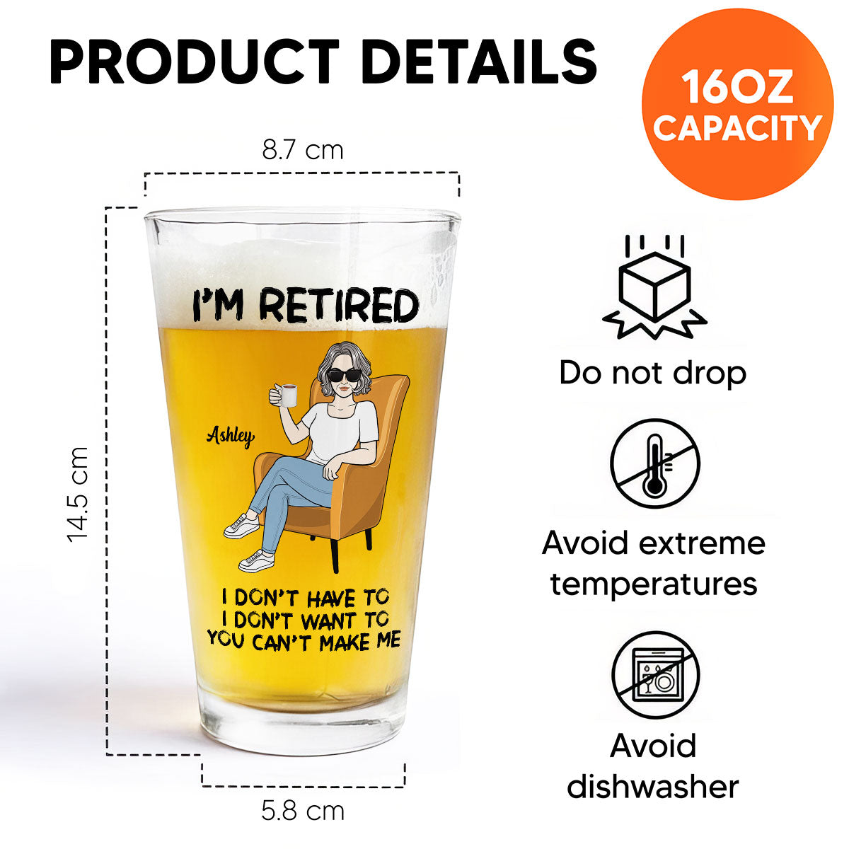 Woman Man Sitting I‘m Retired You Can’t Make Me Personalized Beer Glass, Retirement Gift