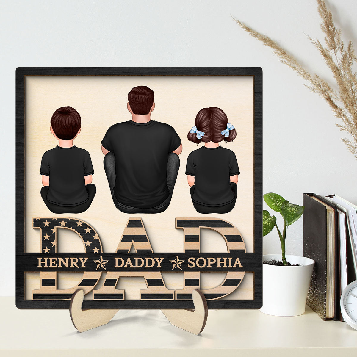 Grandpa Dad Kids Sitting On Text Nation Flag Personalized 2-Layer Wooden Plaque