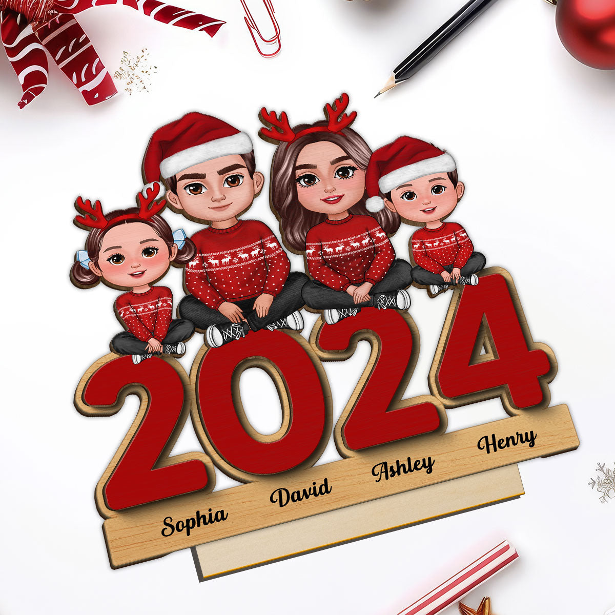 Family Sitting On 2024 Personalized 2-Layer Standing Wooden Plaque, Christmas Tier Tray Decoration