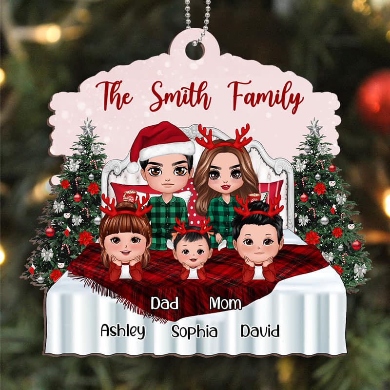 Christmas Doll Family On Bed Personalized Wooden Ornament