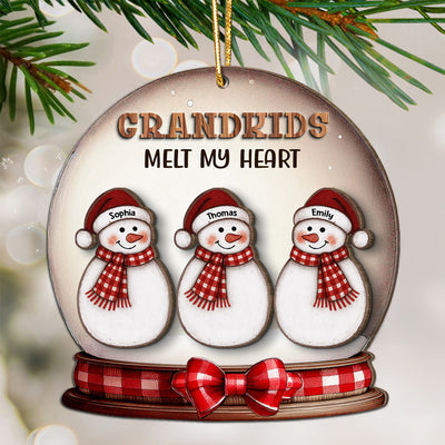 Grandkids Melt Our Hearts Folk Art Snowman - Personalized 2-Layer Wooden Ornament - Christmas Decor