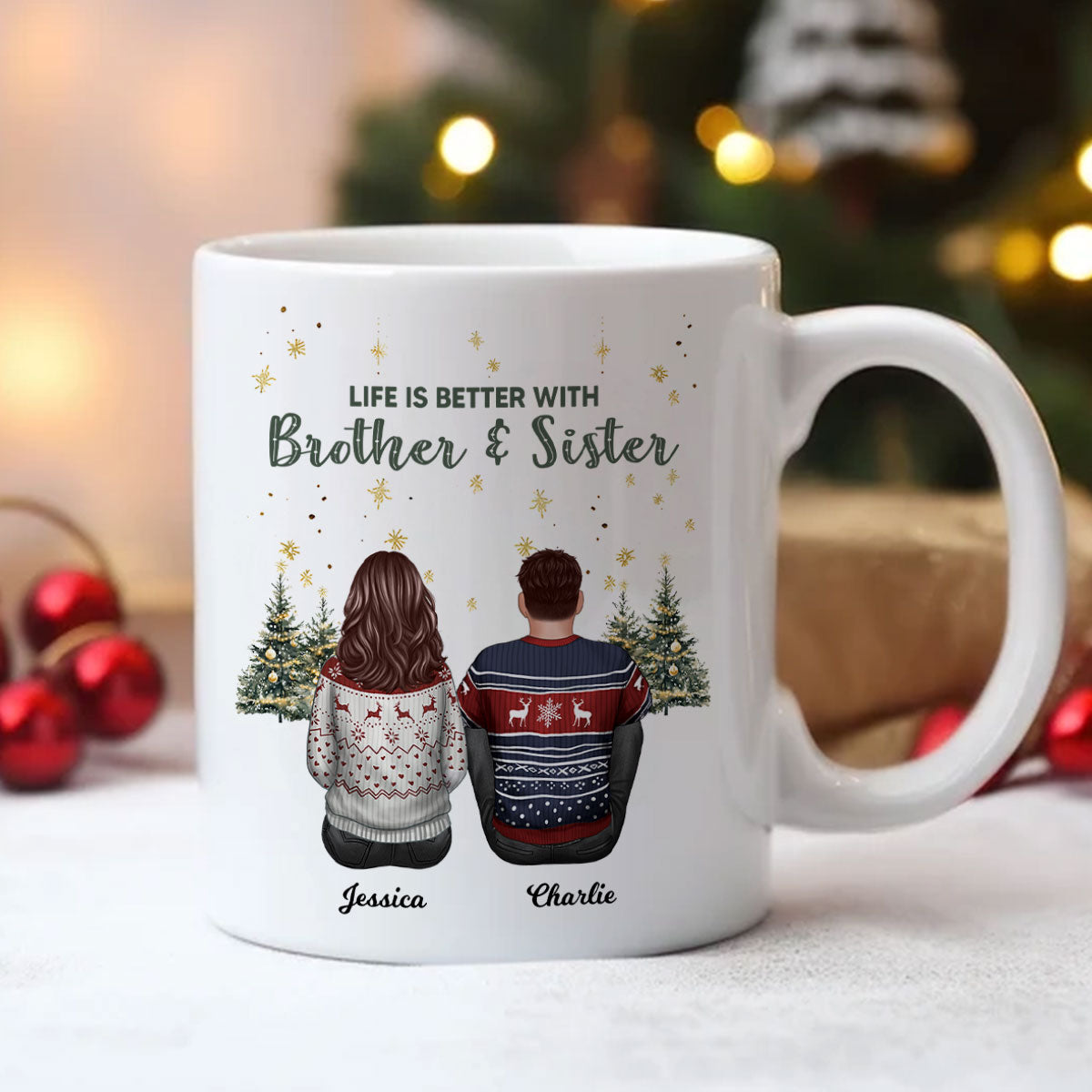 Brother Sisters Christmas Tree Personalized Mug, Christmas Gift for Siblings