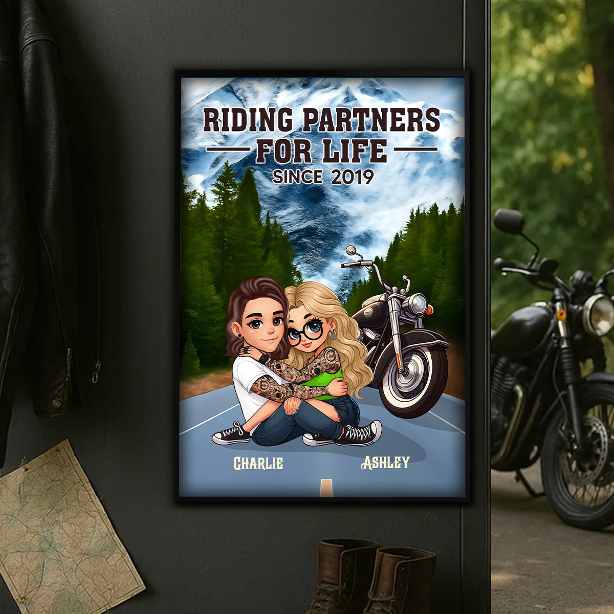 Bikers Couple Riding Partners for Life Personalized Poster, Gift for him, Gift for her