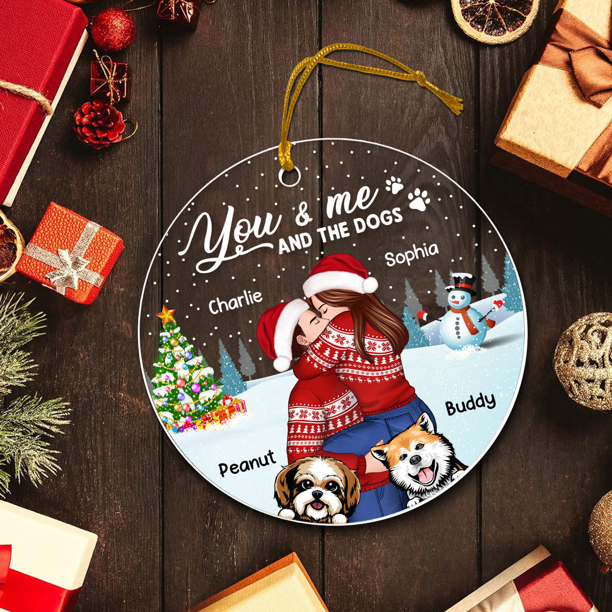 Couple And The Dogs In Winter Night Personalized Acrylic Ornament, Christmas Gift For Him, For Her, Gift For Pet Lovers