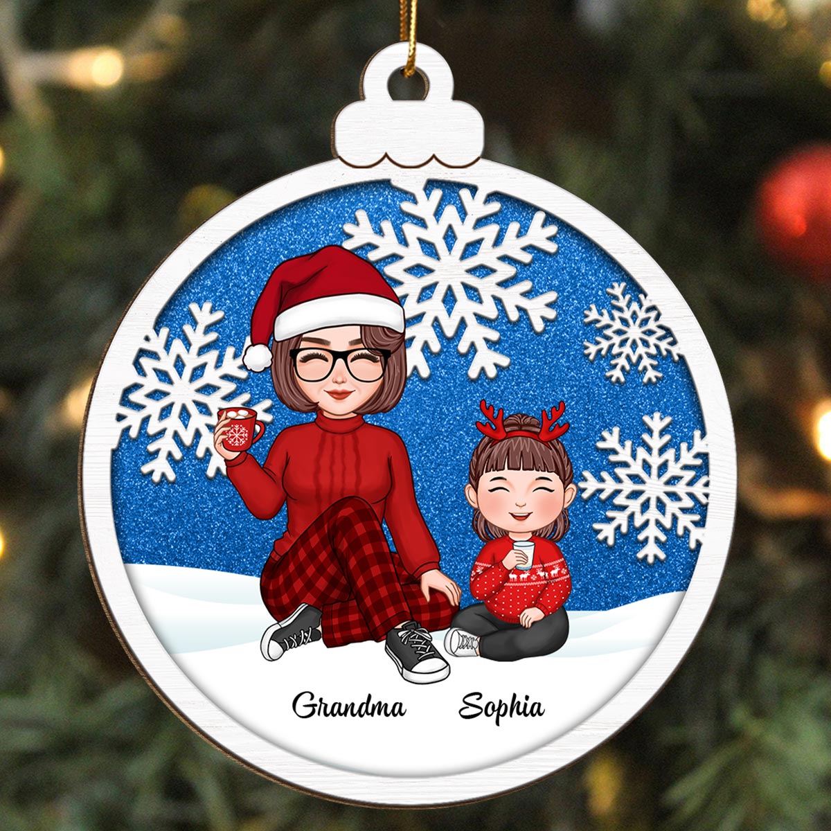 Snowflake Cute Grandma & Grandkid Christmas Gift For Granddaughter Grandson Personalized Wooden Ornament