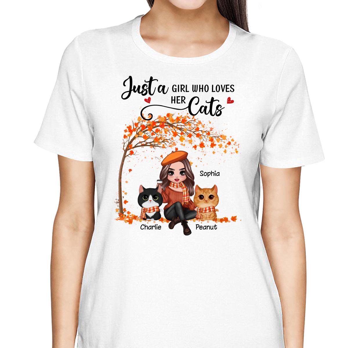 Fall Season Doll Woman Sitting With Watercolor Cute Cats Personalized Shirt