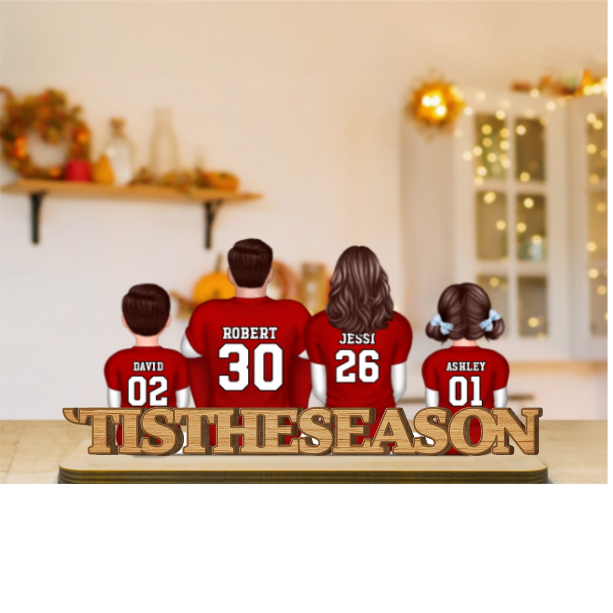 Fall Season Football Family Sitting Back View Personalized 2-Layer Standing Wooden Plaque