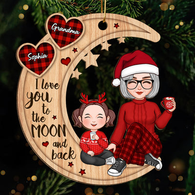 Checkered Pattern Heart Cute Grandma & Grandkid Sitting On Moon Personalized Wooden Ornament