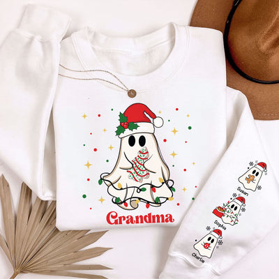Christmas Cute Boo Grandma Grandkids Personalized Sleeve Printed Sweatshirt