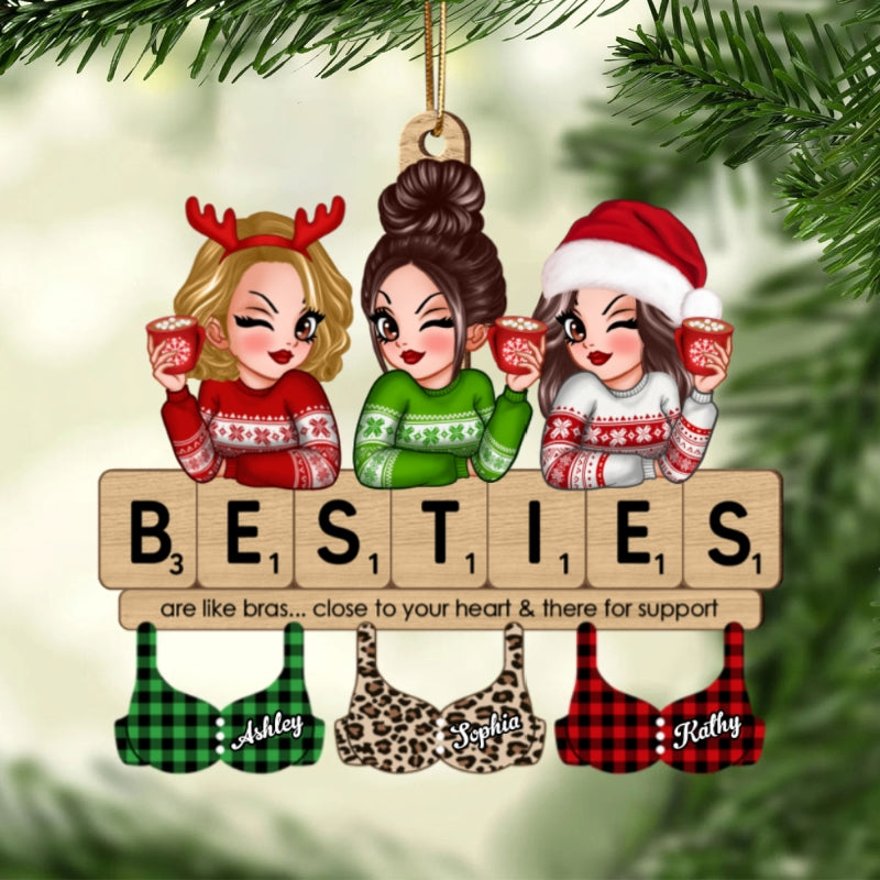 Friends Are Like Bras Girls Sitting On Puzzle Words Personalized Wooden Ornament