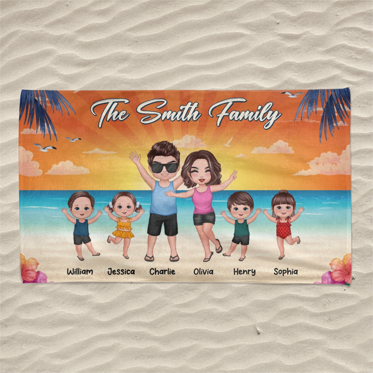 Whole Family Happy Couple Dad Mom Kids Dogs Cats Personalized Beach Towel