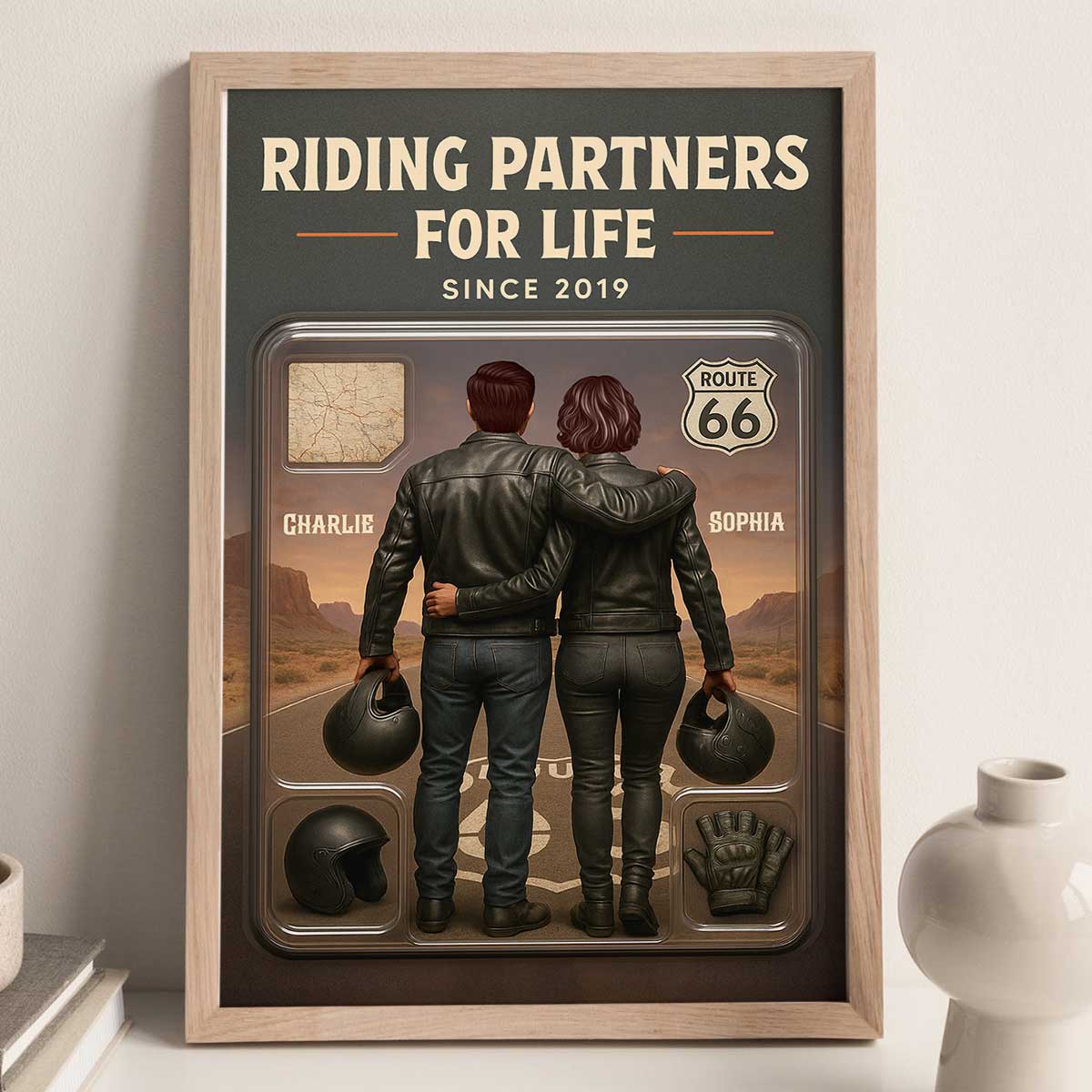 3D Effect Custom Figure Couple Bikers Riding Partners For Life Personalized Poster, Gift For Bikers
