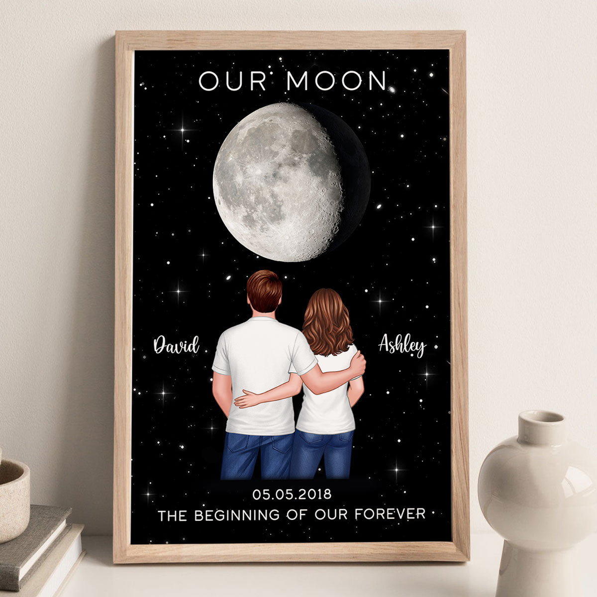 Couple Hugging Standing Moon Moon Phase Art Personalized Poster, Anniversary gift for him, for her