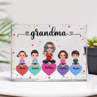Doll Grandma Grandkids Sitting On Hearts Personalized Rectangle Acrylic Block Plaque