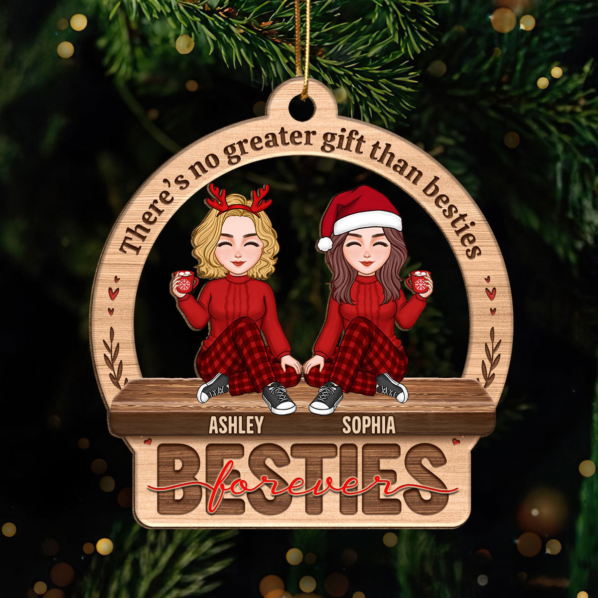 Besties Sisters Forever Cute Doll Women Personalized Custom Shaped Wooden Ornament