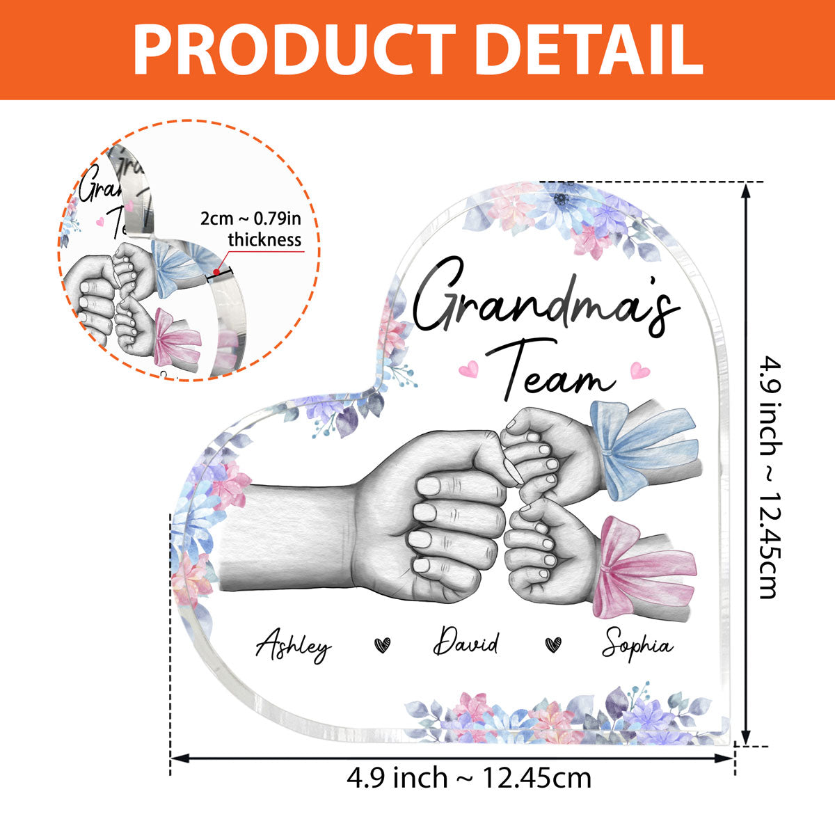 Grandma Mom‘s Team Fist Bump With Bows Personalized Heart Acrylic Plaque
