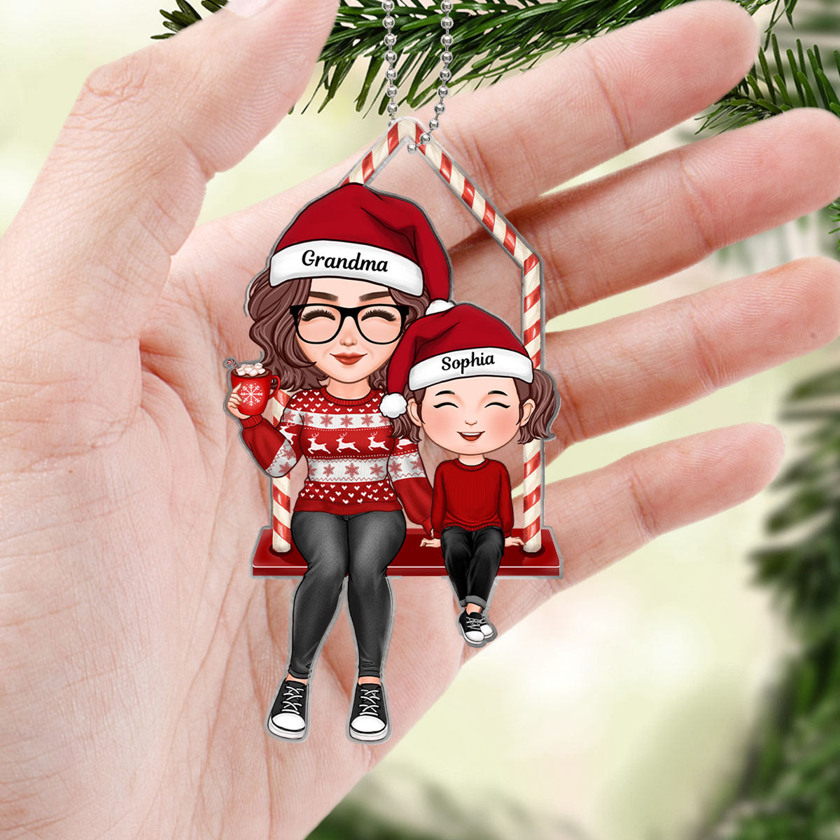 Doll Pretty Grandma Sitting With Granddaughter Grandson Christmas Gift Personalized Acrylic Ornament