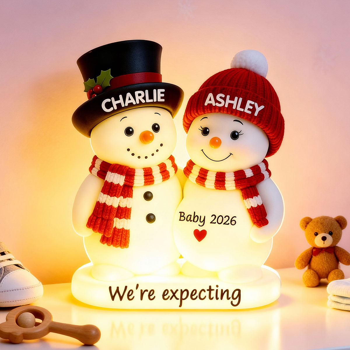 Christmas Snowman Couple Parents We're Expecting Pregnancy Baby Arriving - Personalized Light Box