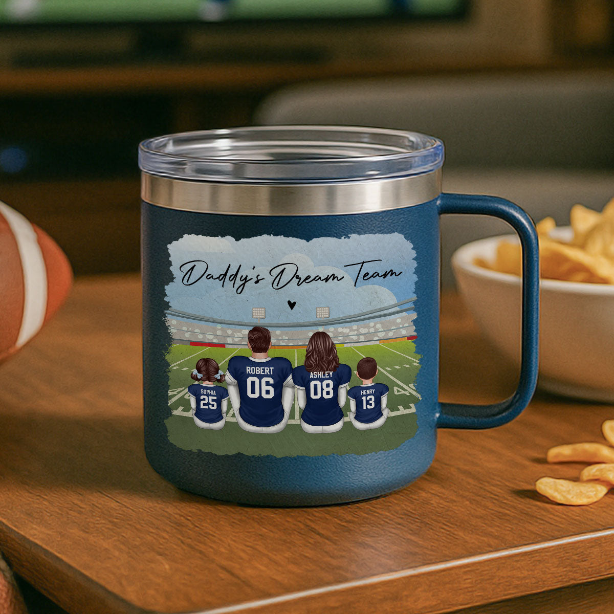 Football Daddy's Dream Team Personalized Stainless Steel Tumbler With Handle, Gift For Dad