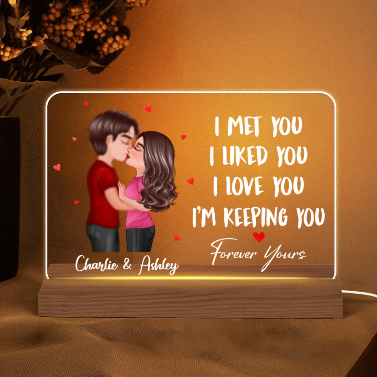 Doll Couple Kissing I Met You Gift For Him For Her Personalized Custom Shape Horizontal Rectangle Acrylic Plaque LED Night Light