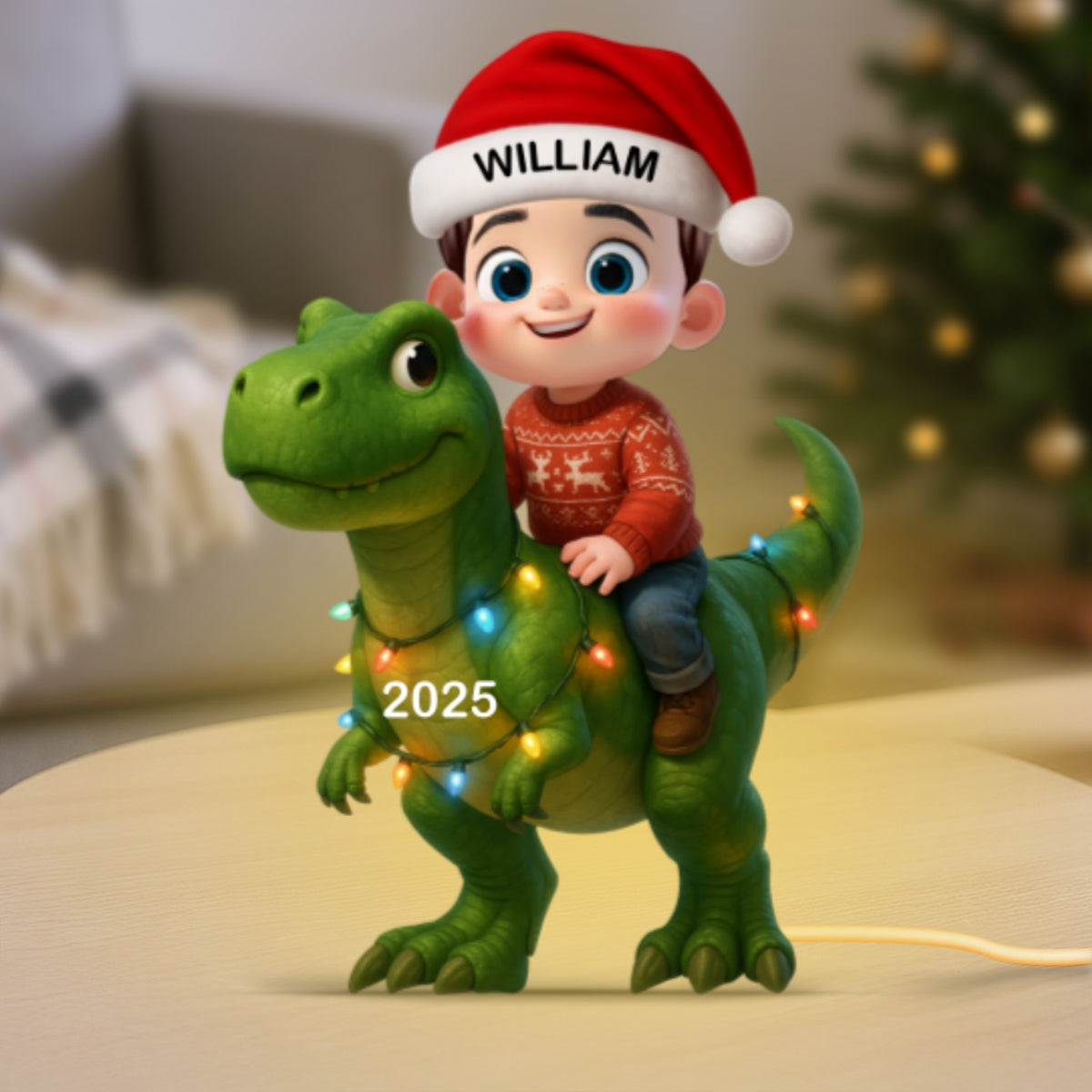 3D Effect Cute Cartoon Kid With Dinosaur Christmas Personalized LED Light Box