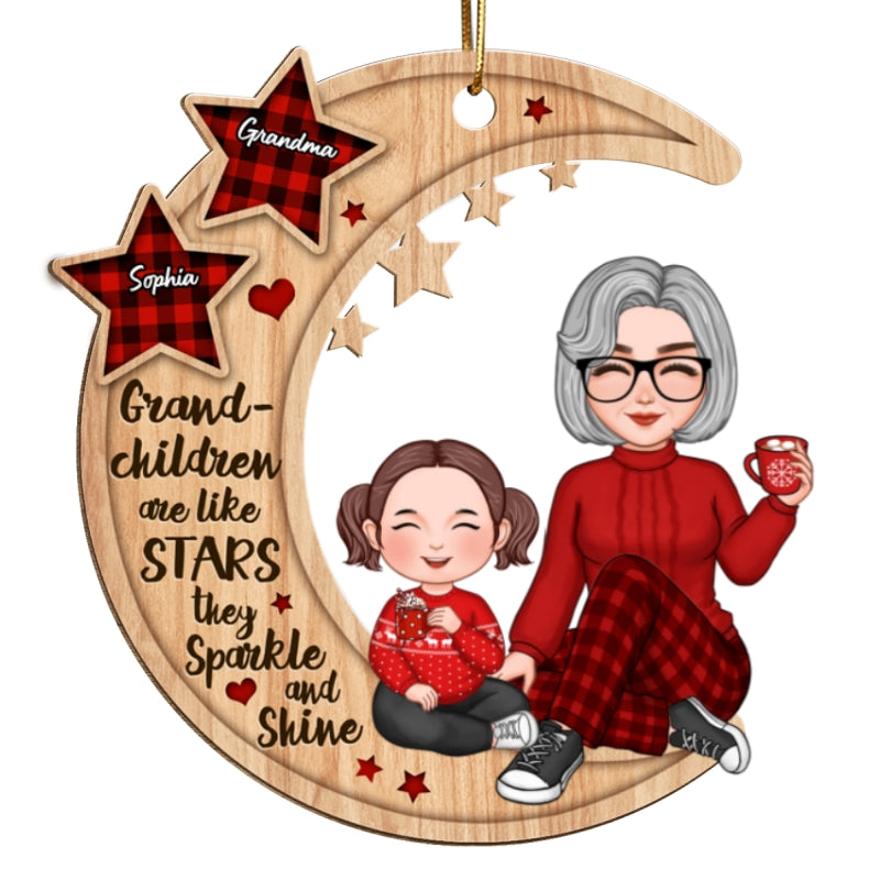 Grandchildren Are Like Stars Grandma Grandkids Sitting On Moon Personalized Wooden Ornament