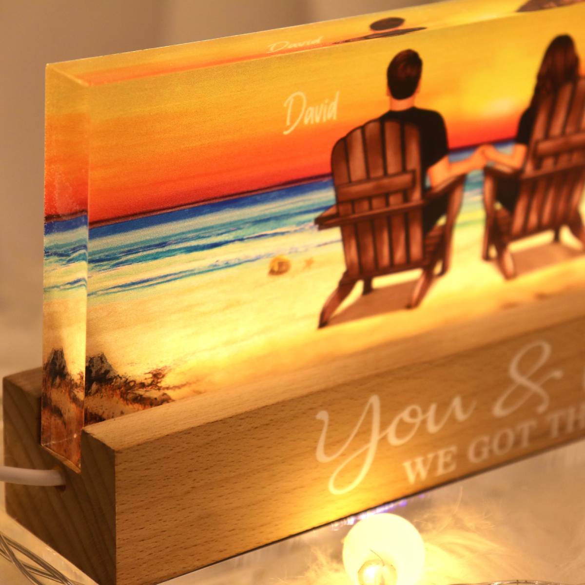 Couple Sitting At Beach Retro Personalized LED Night Light, Anniversary Gift For Couple, Gift For Husband, Wife, Dad, Mom