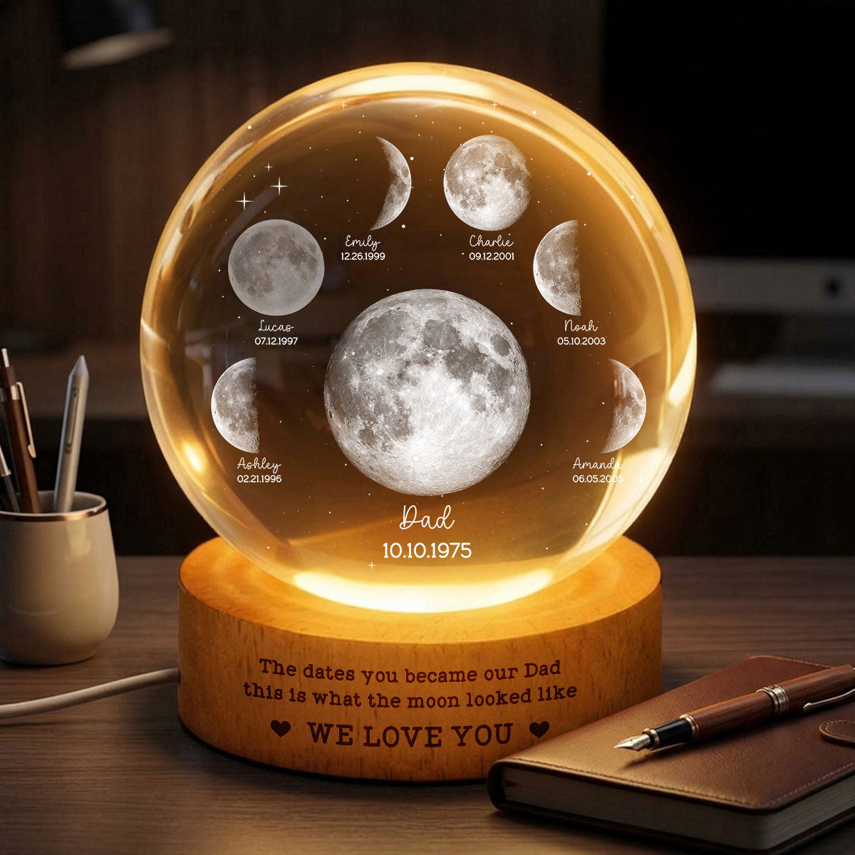 The Date You Became Our Dad - Personalized Crystal Ball LED Night Light - Custom Moon Phase by Date, Father's Day Gift for Dad, Husband