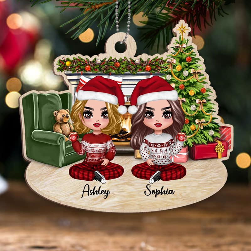 Doll Besties At Fireplace Personalized Wooden Ornament