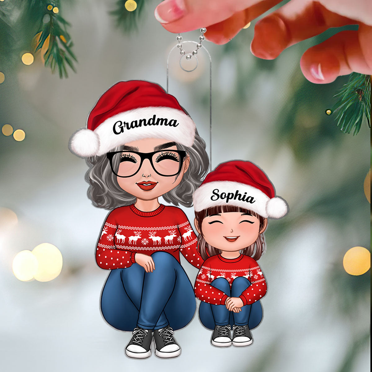 Doll Grandma & Grandkid Sitting Knees To Chest Christmas Gift For Granddaughter Grandson Personalized Acrylic Ornament