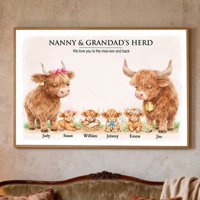 Nanny & Grandad's Herd Highland Cow Family - Personalised Poster - UK Mother's Day Gift for Grandma, Grandpa