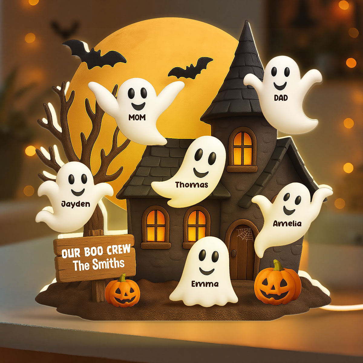 Halloween Boo Family Haunted House Personalized Light Box, Halloween Home Tabletop, Tiered Tray, Shelf Sitter Decoration