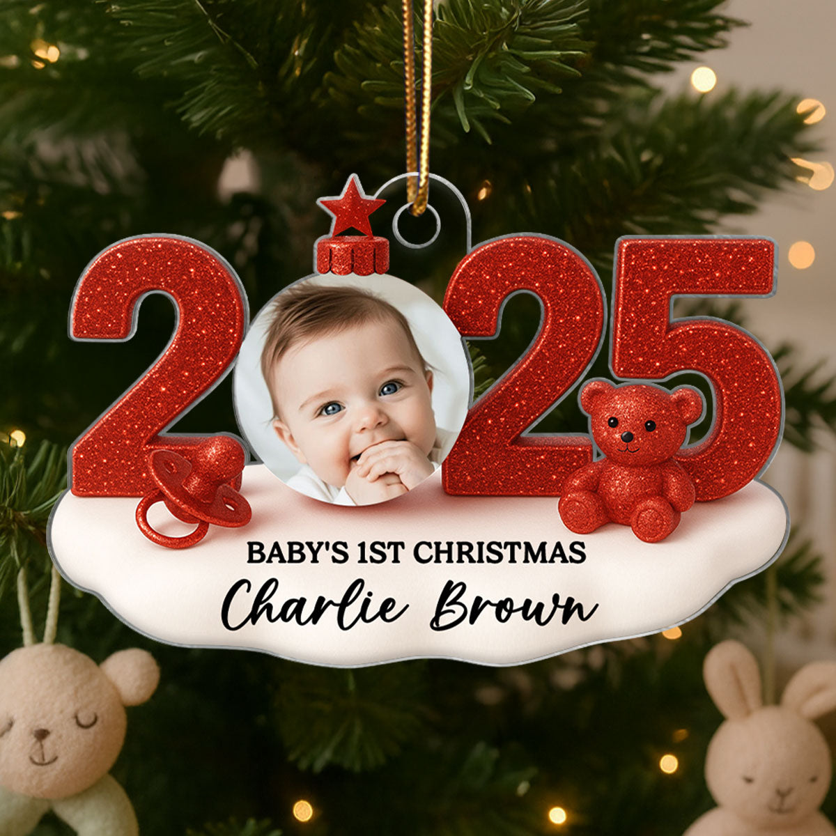 Baby Photo 2025 First Christmas 3D Glitter Effect - Personalized Acrylic Ornament - Christmas Gift for New Parent, Newborn Keepsake