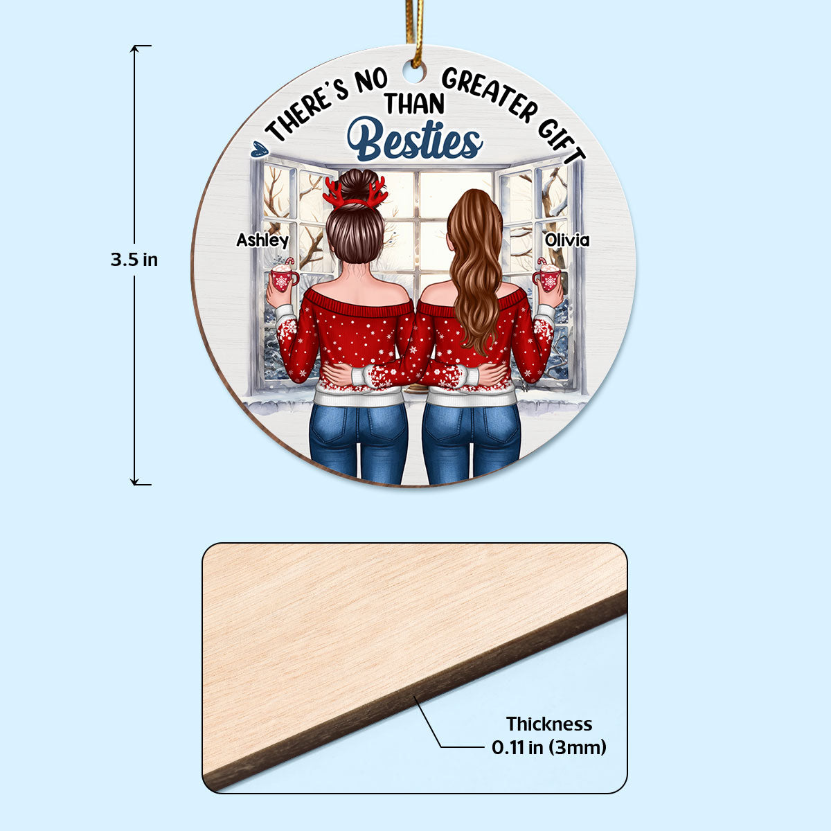 Christmas Besties Sister Standing Back View Window Personalized Wooden Ornament