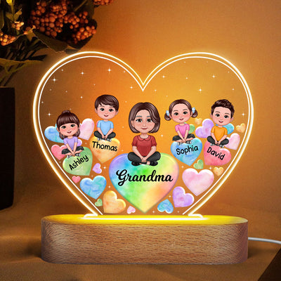 Pretty Doll Grandma Grandkids Hearts In Heart Personalized Heart Acrylic LED Night Light